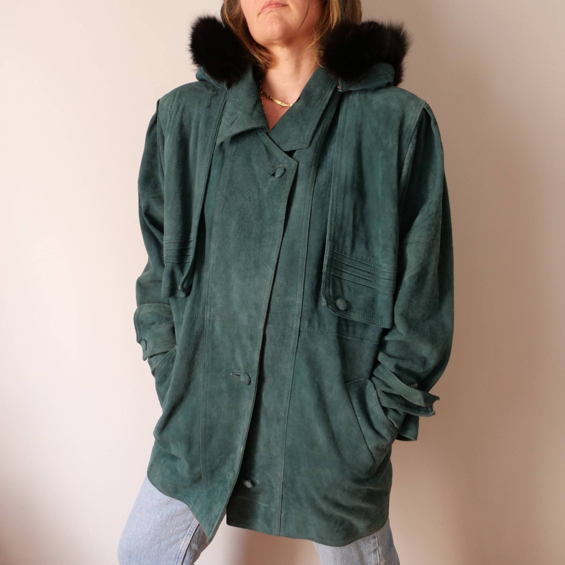 Vintage 80Er Jahre Smaragdgrüner Leder Parka Übertrieben Original Weiches Gepolsterte Schultern Unisex Ästhetik Oversize Größe L von blubirdvintagelove