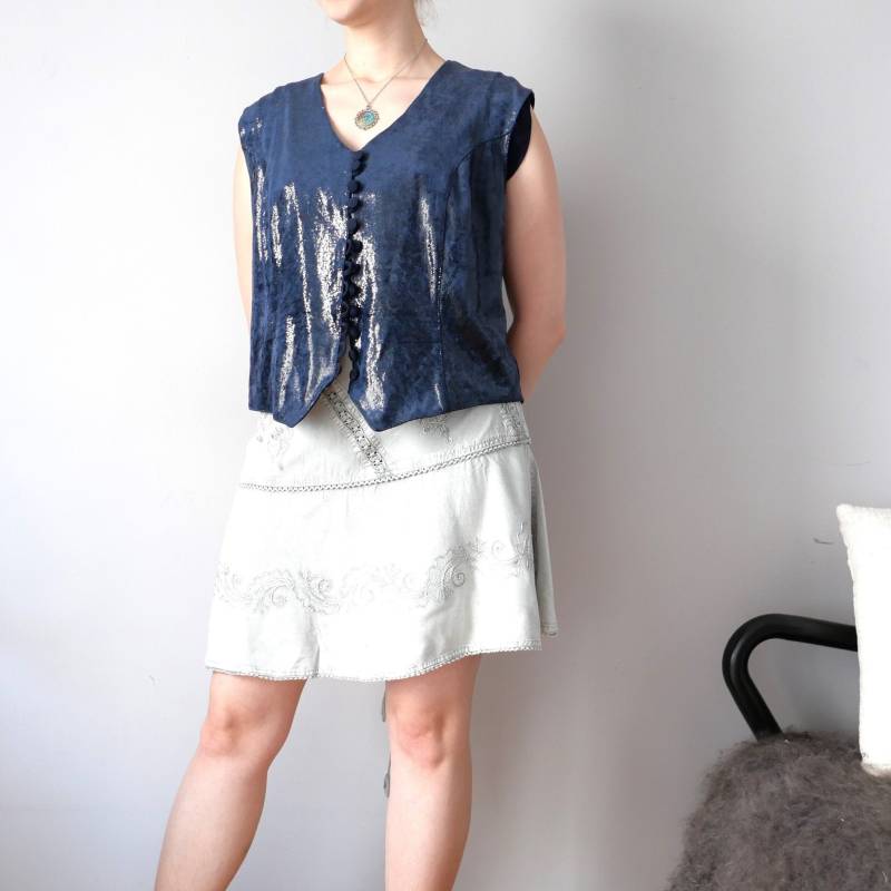 Vintage Blaue Glanzknöpfe Weste Gemütlicher Taillenmantel Gilet Cottage Kern Kastenförmiger Stil 80Er 90Er Einfacher Schnitt Unisex-Größe S/M von blubirdvintagelove