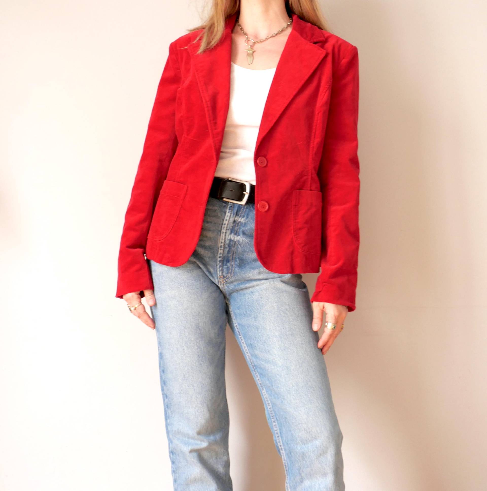 Vintage Crimson Red Samt Blazer 90Er Jahre Baumwoll Jacke, Size M von blubirdvintagelove