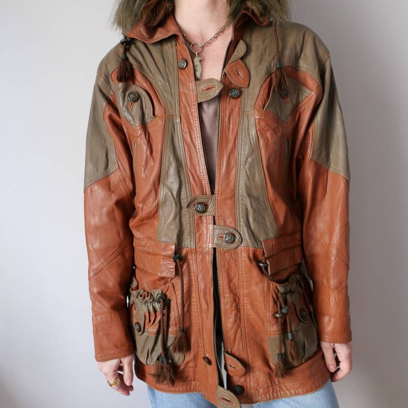 Vintage Boho Leder Parka Patina Hippie Style 80Er 70Er Jahre Cognac Lederjacke Oversize Größe Xl Unisex von blubirdvintagelove