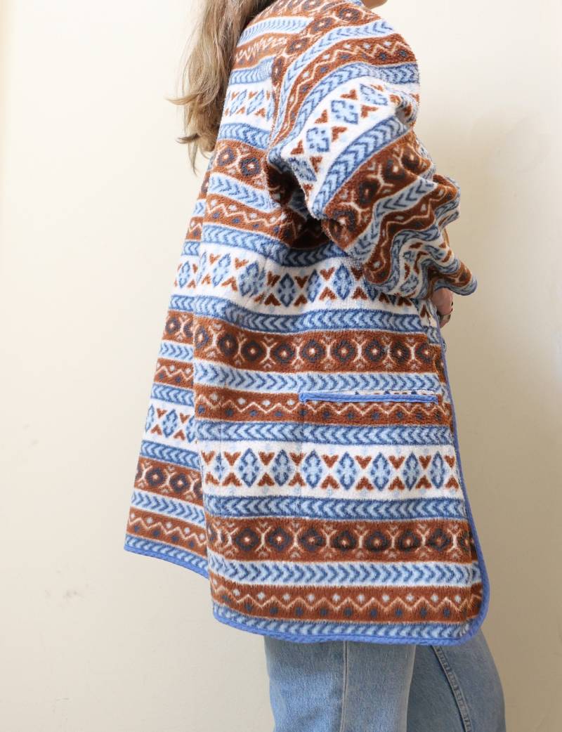 Vintage Fleece Fairisle Jacke Blau Braune Retro Strickjacke, Grösse L/xl von blubirdvintagelove