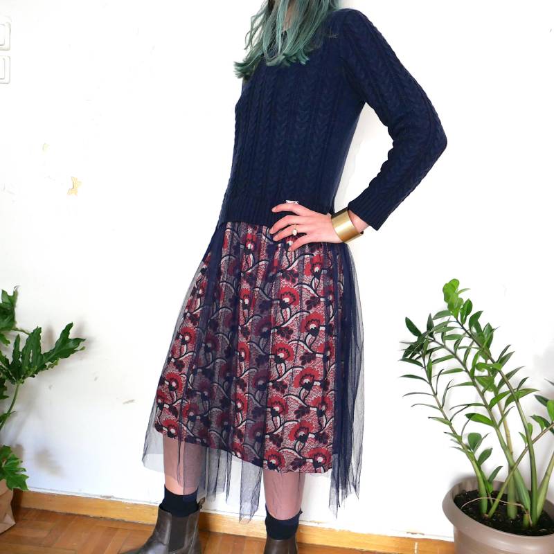 Vintage Fusion Kleid Mesh Nylon Blau Zopfmuster Verträumte Ästhetik Lagenkleid Lange Ärmel A-Linie Gr. M von blubirdvintagelove