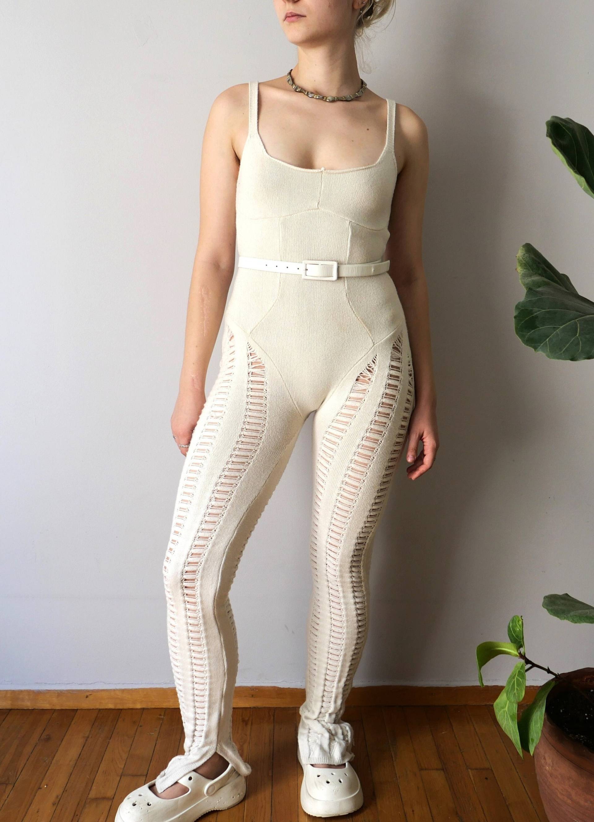 Vintage Gestrickter Catsuit Insgesamt Offener Rücken Off White Lounge Statement Minimalistisch Unisex Einzigartiger Overall 90Er Jahre Inspiriert von blubirdvintagelove