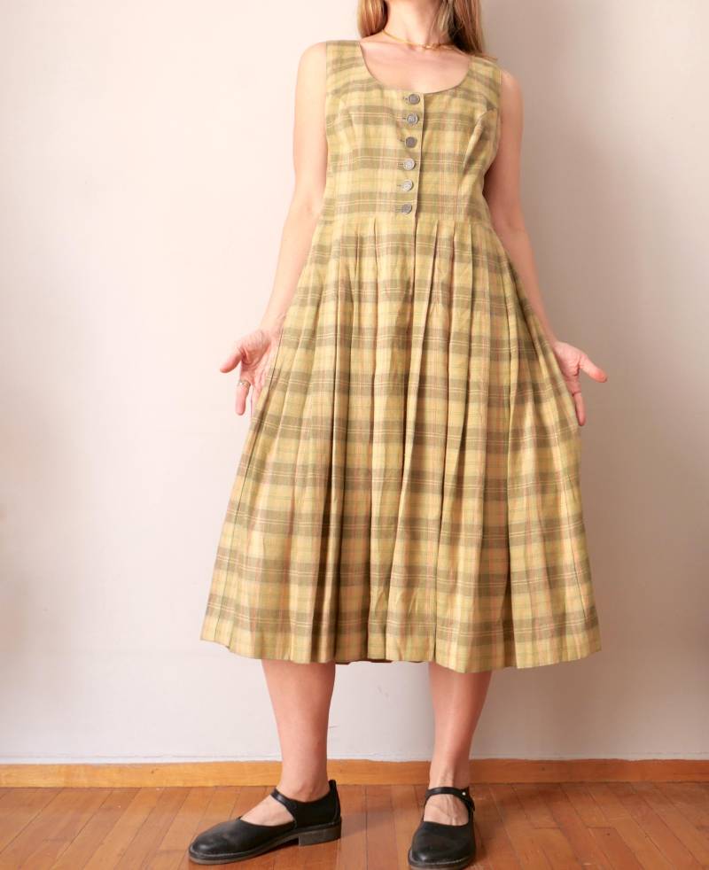 Vintage Leinen Dirndlkleid Karo Grün Kariert Landhaus, M/L von blubirdvintagelove