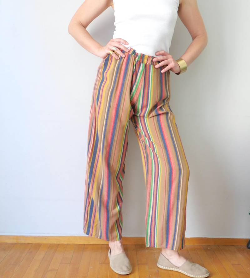 Vintage Gestreifte Palazzo Culottes Hoch Taillierte Knöchelhose, Hergestellt in Italien von blubirdvintagelove