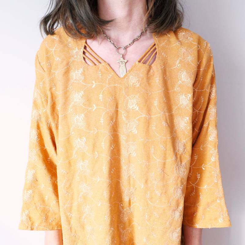 Vintage Boho Kaftan Aus Baumwolle Orange Bestickte Tunika | Größe M/xl von blubirdvintagelove
