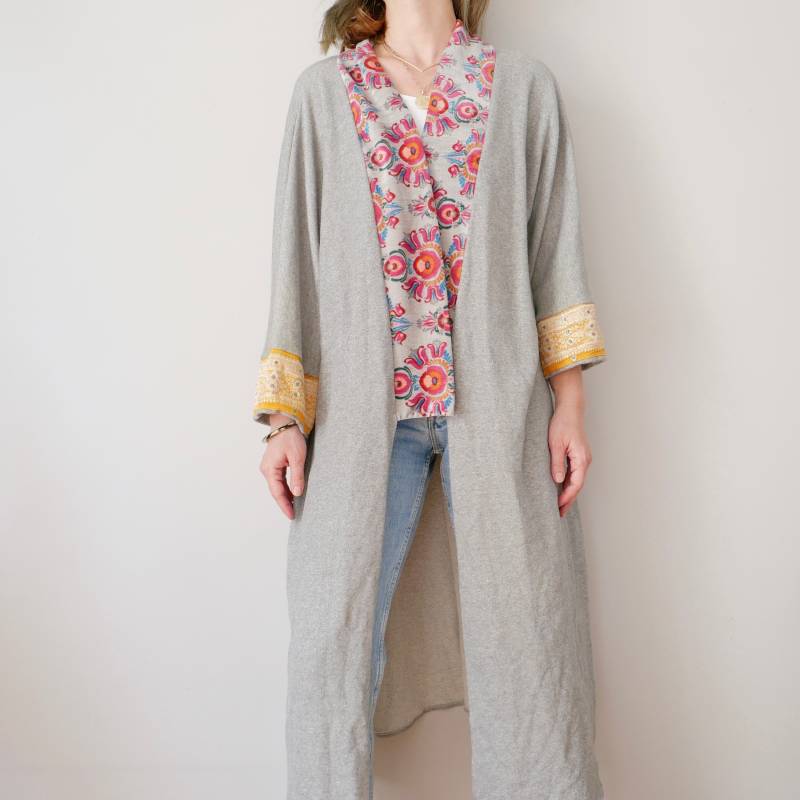 Vintage Gabardine Duster Kimono Handgemachte Oversize Robe Mit Samt-Detail von blubirdvintagelove