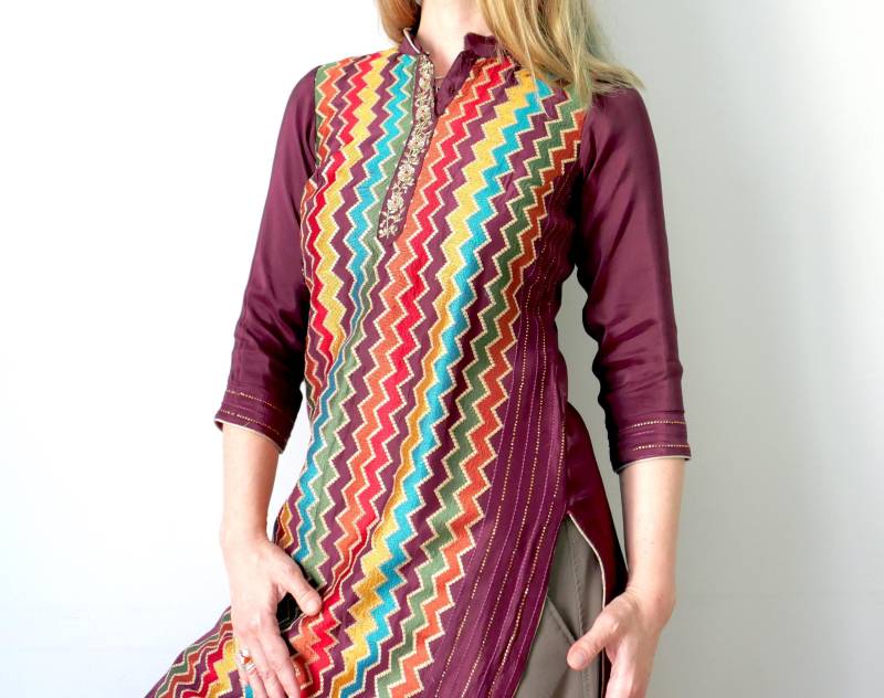 Vintage Besticktes Kurta Kleid Lila Satin Gestreifte Tunika, S/M von blubirdvintagelove