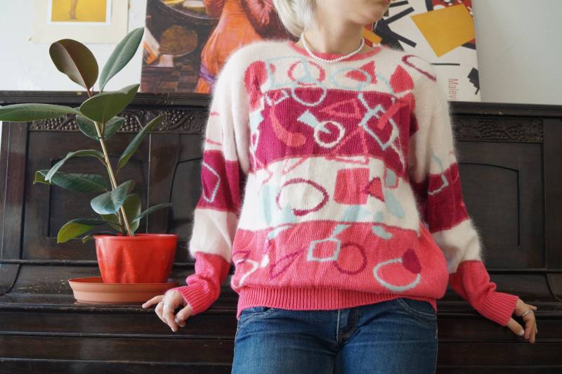 Vintage Angora Mix Rosa Weiß Abstrakt Dezent Verschönerter Pullover Flauschiger Strick 90Er Gemütlicher Cottage Kern Gr. M von blubirdvintagelove