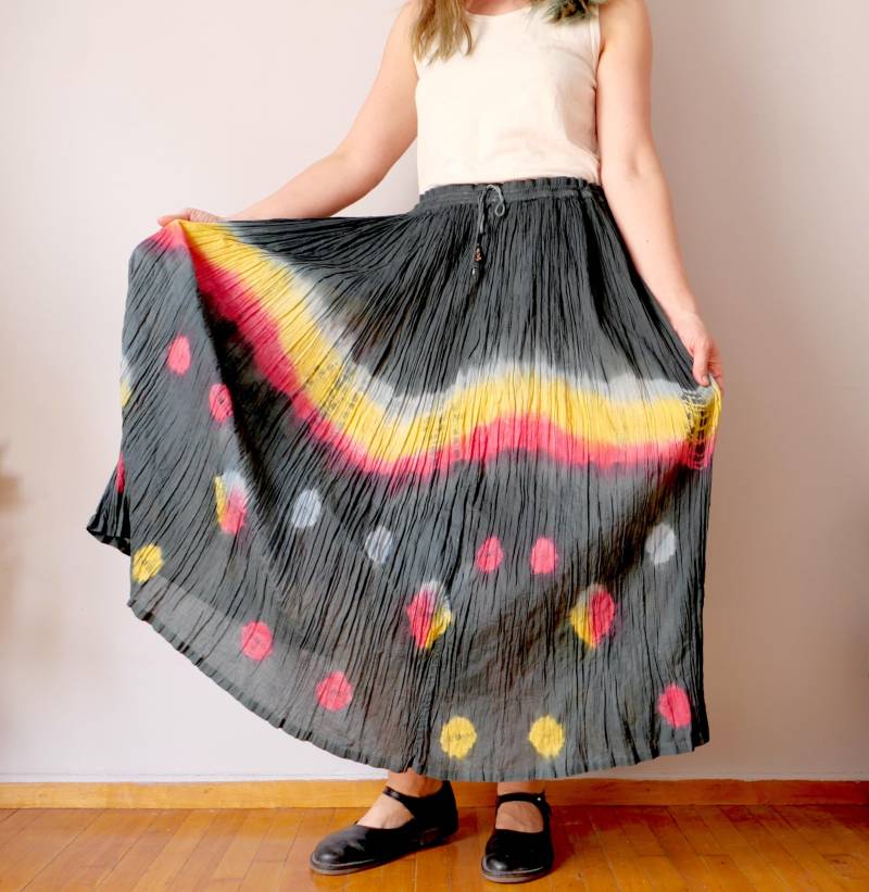 Vintage Rock Musselin Schwarze Baumwolle Federleicht Boho Farbspritzer Gelb Rot Punkte Graphisch Super Weich Gr. S/L von blubirdvintagelove