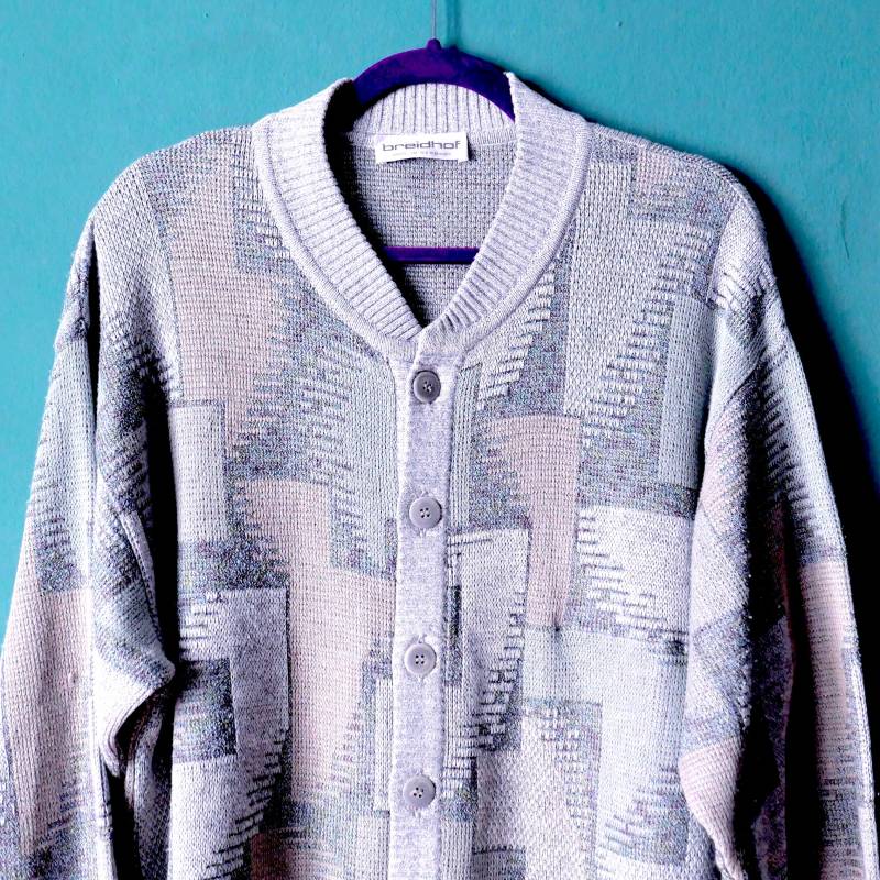 Vintage Strickjacke Grau 80Er 90Er Jahre Abstraktes Muster Gemütlicher Unisex Herren Cardigan Größe M/L von blubirdvintagelove