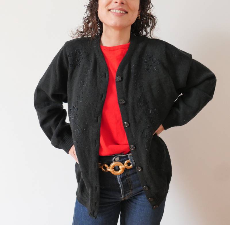 Vintage Wolle Verzierte Strickjacke Schwarz Cottagecore Layering | M/L von blubirdvintagelove