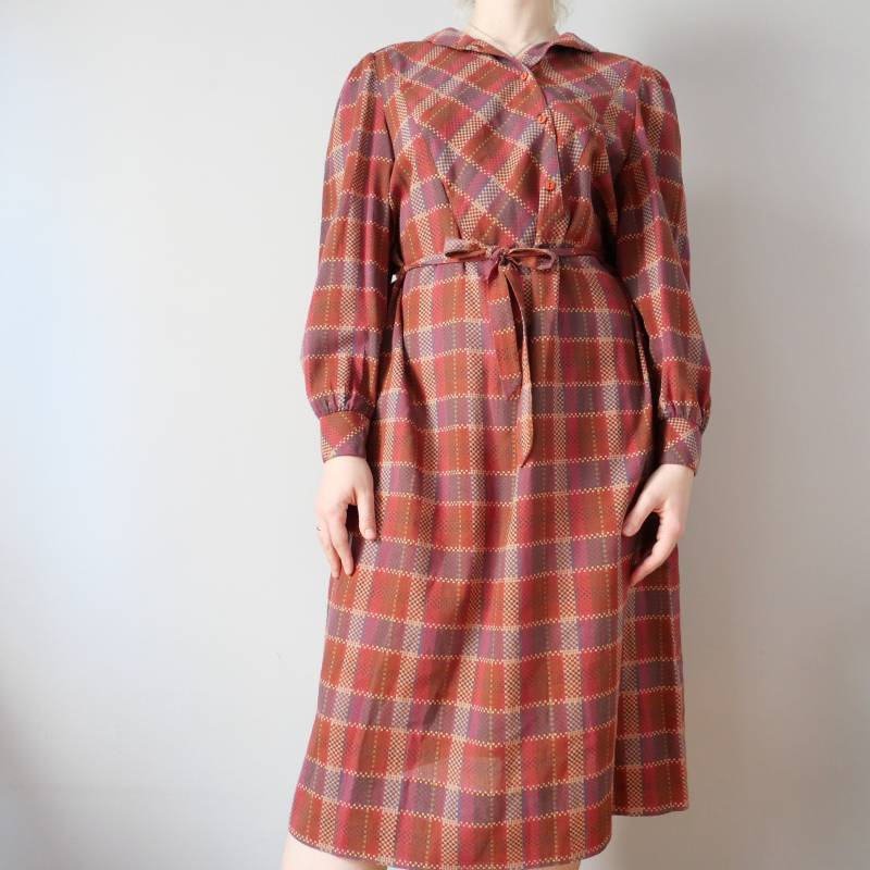Vintage Kariertes Baumwoll Kleid Mit Gürtel -Cottagecore Langarm, Grösse M von blubirdvintagelove