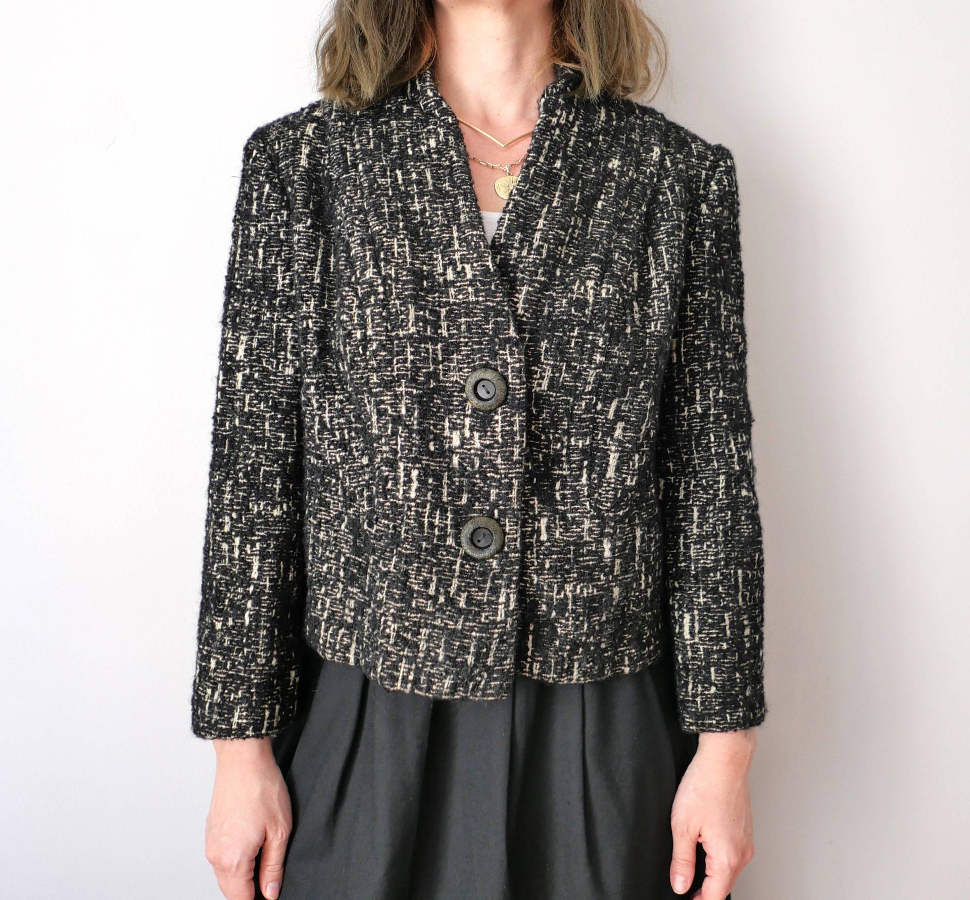 Vintage Salz Und Pfeffer Boucle Schwarz-Weiß Blazer Jacke Coole 80Er Ästhetik Unisex Adrett Einzigartig Boxy Größe M von blubirdvintagelove