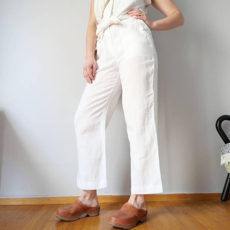 Vintage Weiße High Waisted Leinen Culotte Basic Gerade Geschnittene Hose Layer Look Street Basic Capsule Größe M High-Rise von blubirdvintagelove