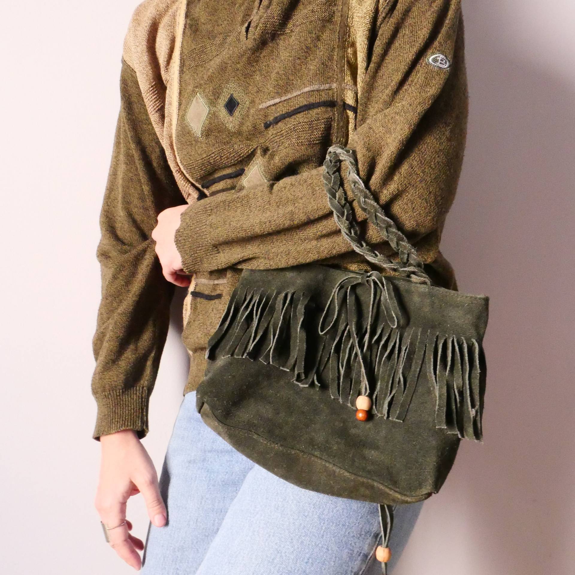 Vintage Wildleder Boho Grüne Kleine Aber Geräumige Mid Size Tasche 70Er 90Er Jahre Hippie Basic Bag Unisex von blubirdvintagelove