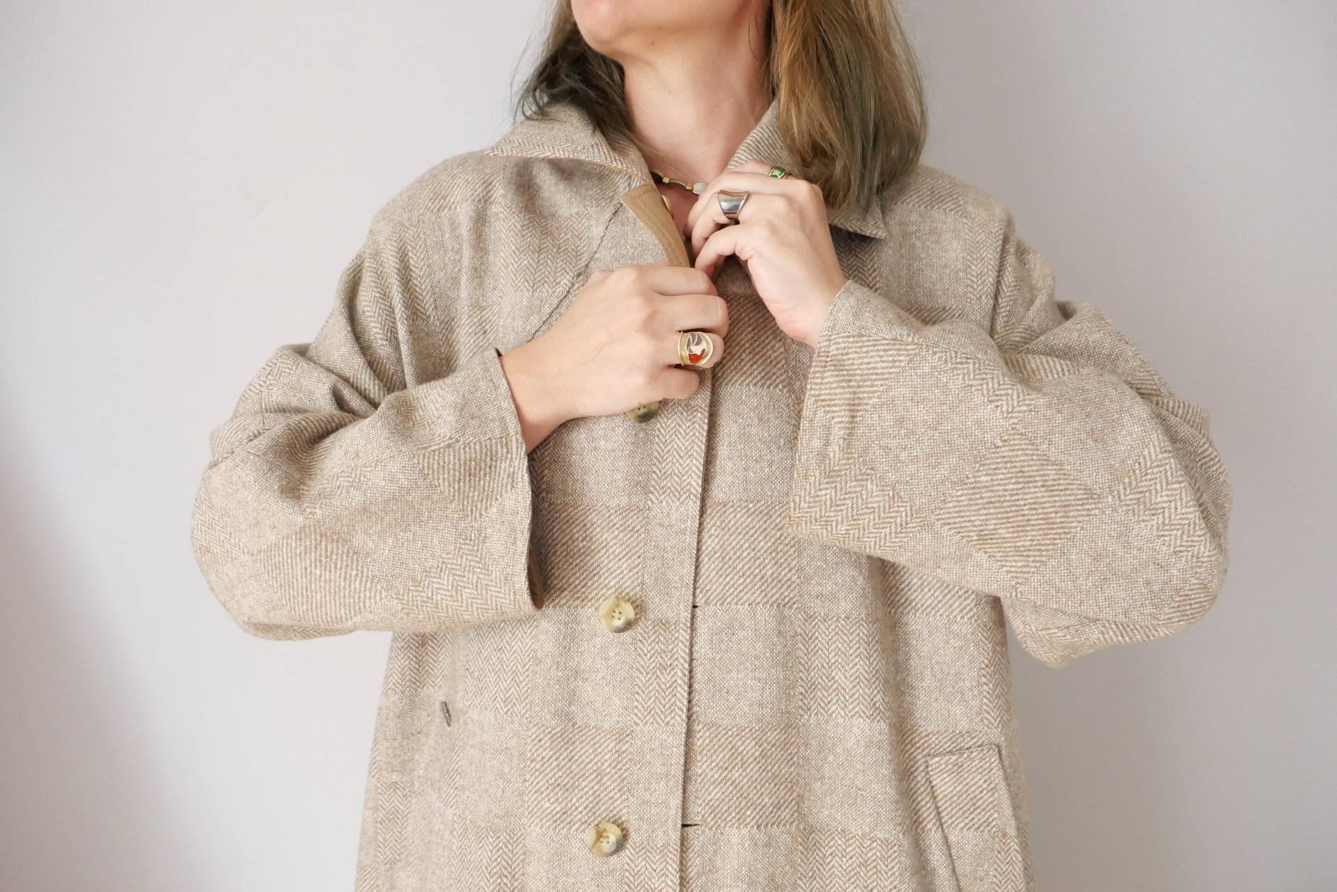 Vintage Wolle Claude Havrey Paris Double Face Mantel Trench Hay A-Linie Gabardine Lang Minimalist Klassisch 80Er 90Er Oversize Warm Größe Von M Bis L von blubirdvintagelove