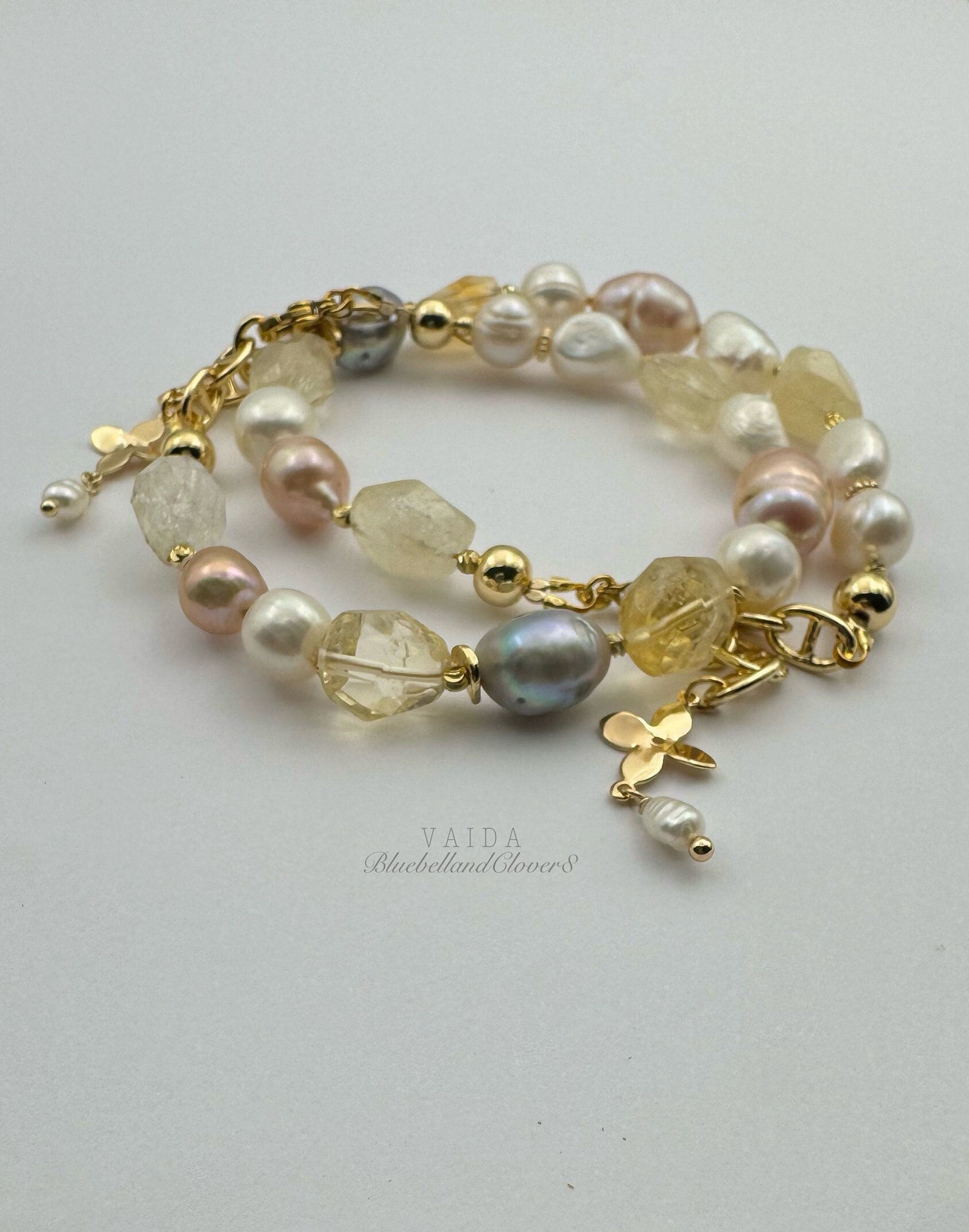 Citrin Und Barockperlen 14K Gold Eingelegt Armband, Statement Edelstein Perlenarmband von bluebellandclover8