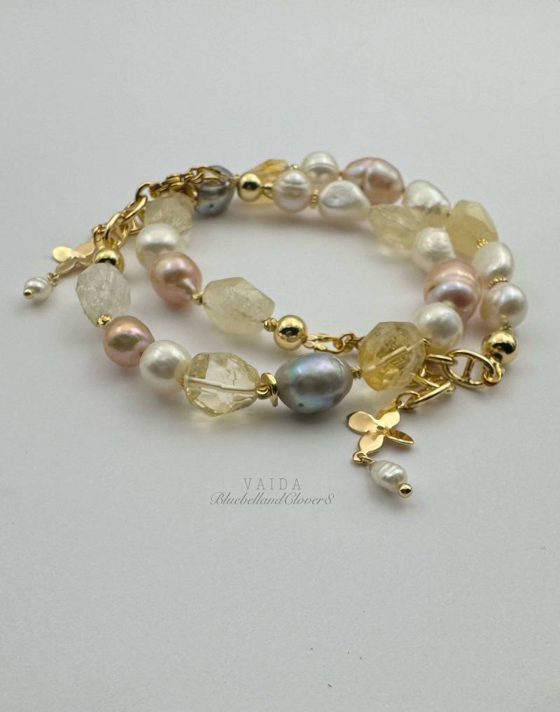 Citrin Und Barockperlen 14K Gold Eingelegt Armband, Statement Edelstein Perlenarmband von bluebellandclover8