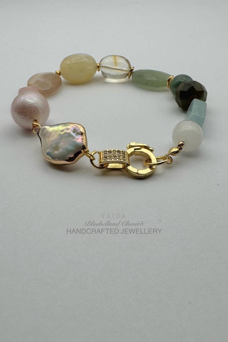 Keshi Perle Und Edelsteine 14K Gold Eingelegt Armband, Statement-Armband, Citrin Gemischte Edelstein Armband von bluebellandclover8