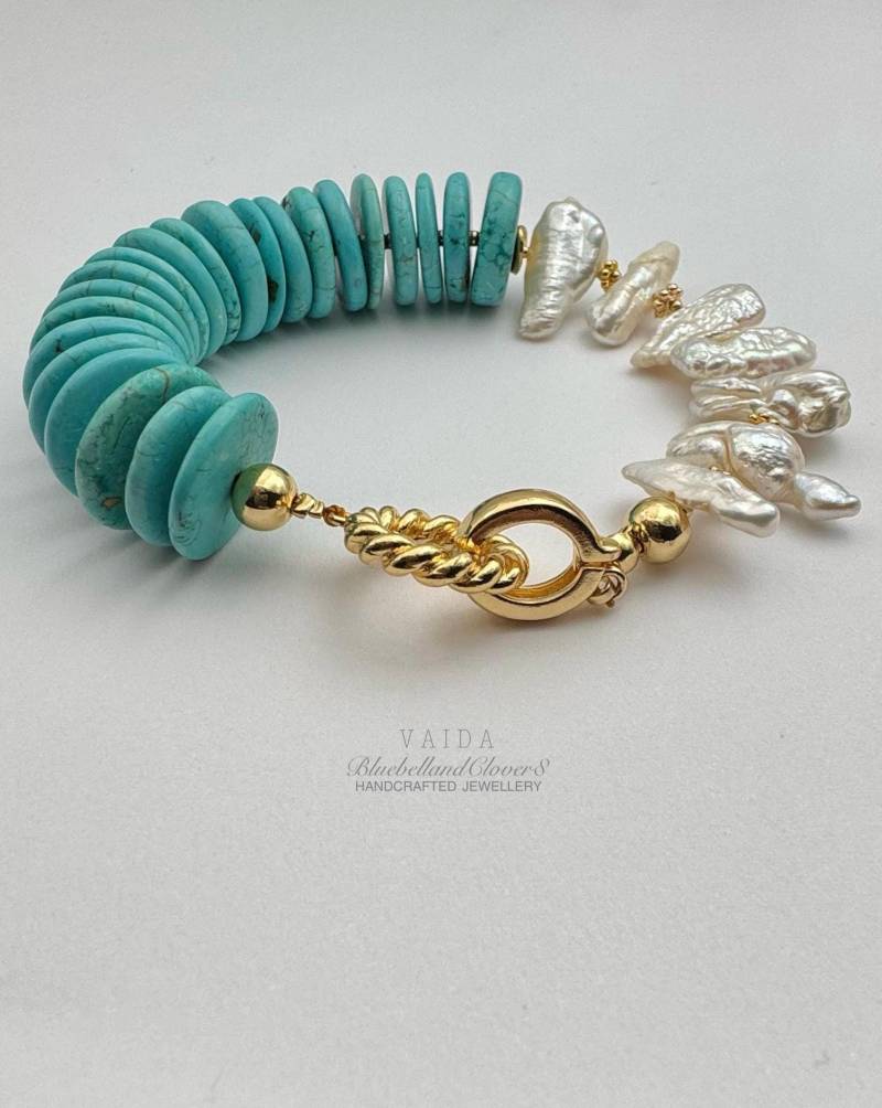 Natürliches Türkis Und Biwa Perlen Armband | Chunky Turquoise Armband, Statement Perlenarmband von bluebellandclover8