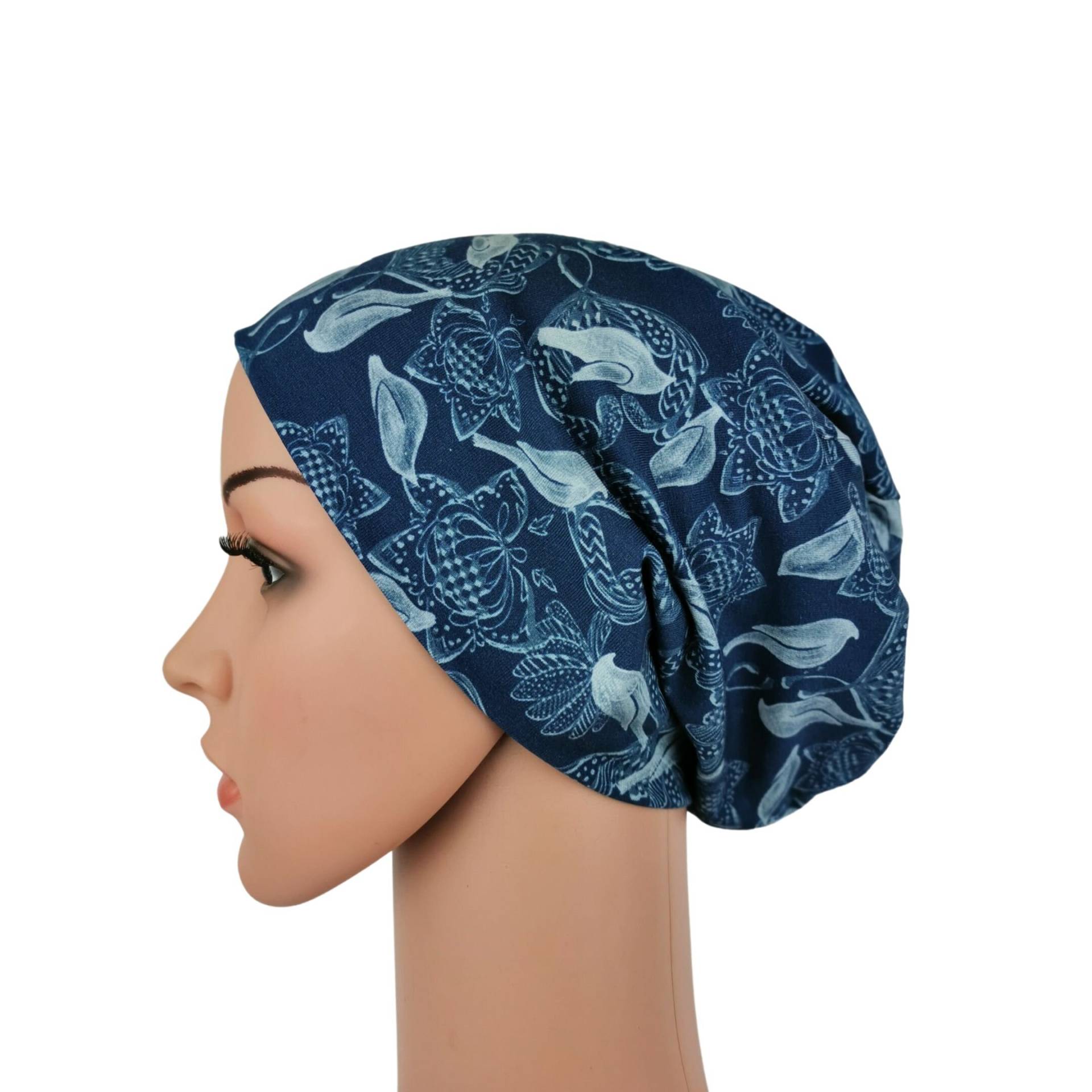 Beanie Damen Jersey Bau Vögel Jeansblau Doppelt Dunkel Slouch Mütze Muster von blueberryhillsshop