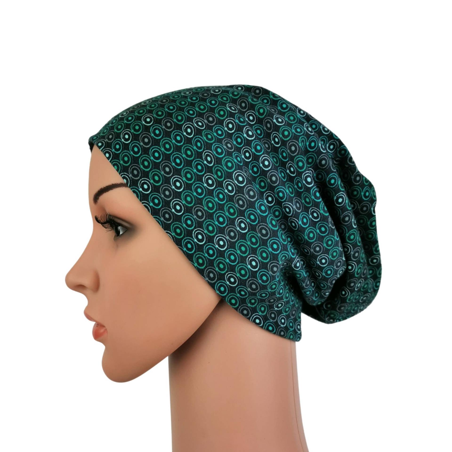 Beanie Damen Jersey Grün Kreise Doppelt Dunkel Slouch Mütze Kleines Muster von blueberryhillsshop