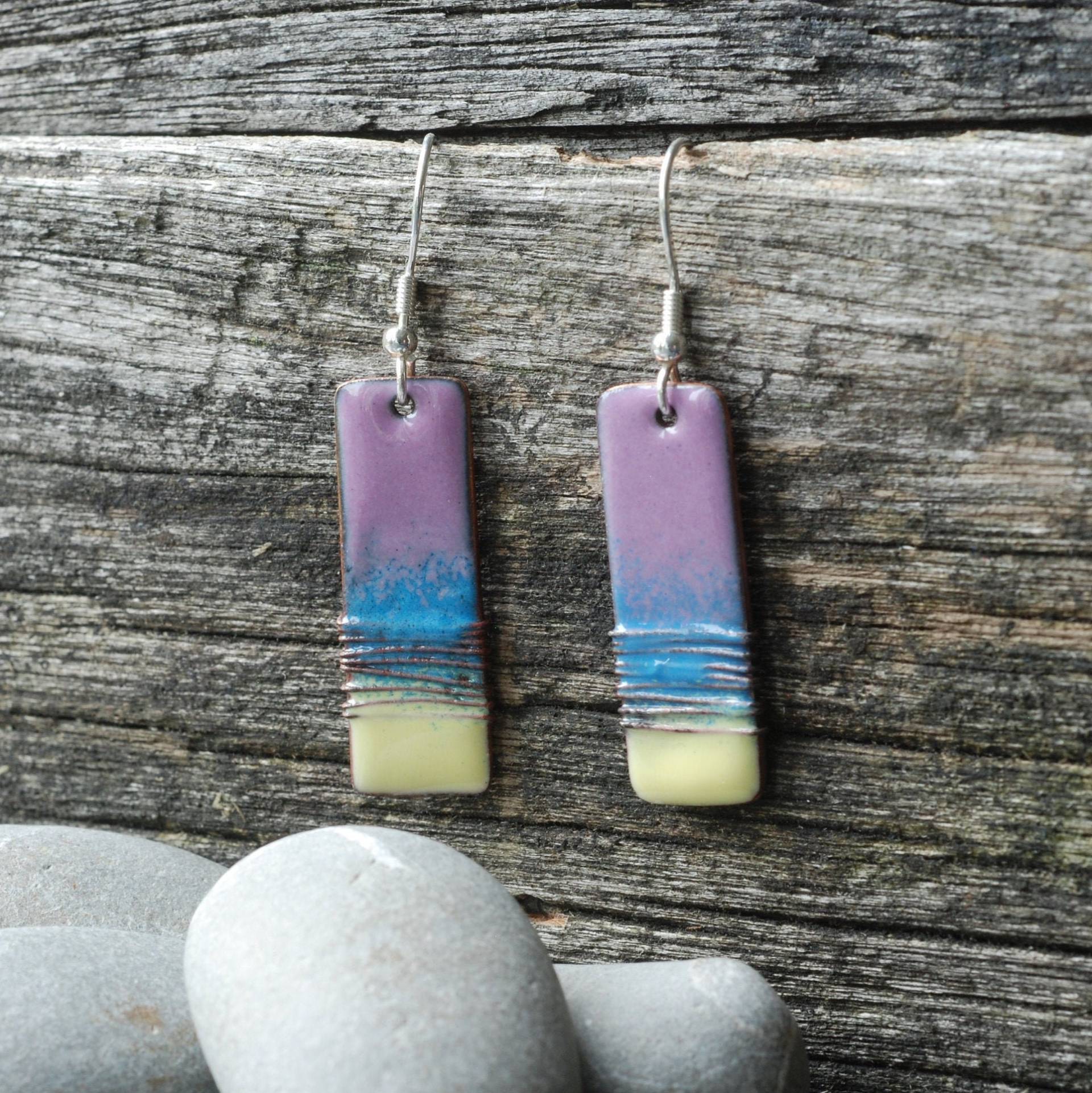 Mauve Und Gelb Kupfer Emaille Ohrringe von bluebirdhouseonline