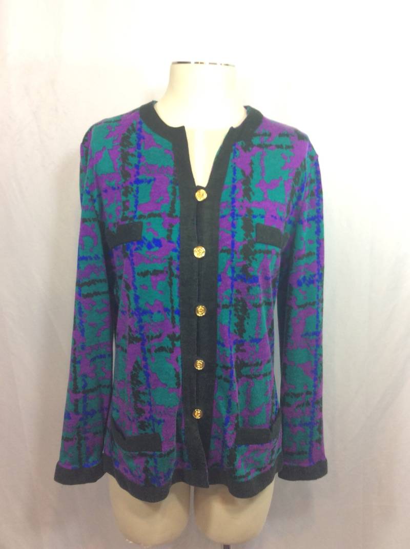 Jahrgang Eva Von Robert Janan Abstrakte Jacke Bluse | Gold Knöpfe Taschen Leichte Blazer Größe 14 von bluebirdklassics