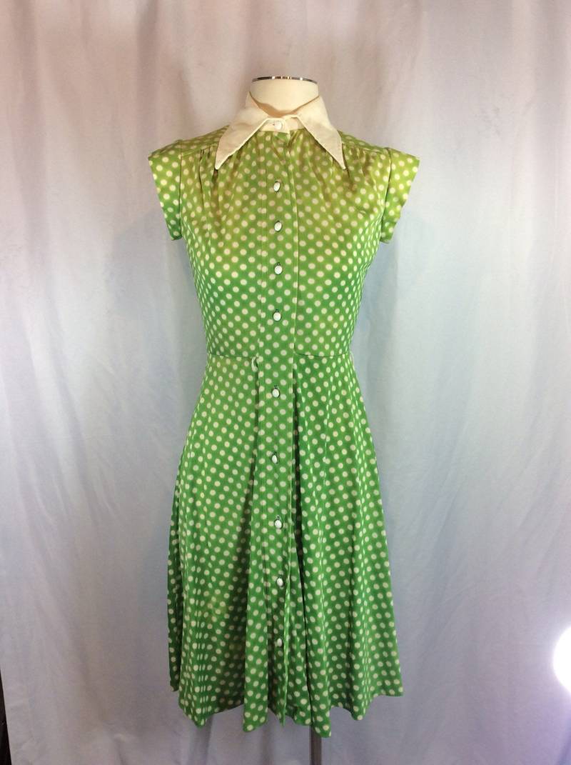 Vintage Grün Polka Topf 1970Er Jahre Button Up Kleid von bluebirdklassics