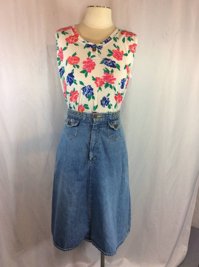 Vintage Knopf Vorne Jeansrock Mit Geflochtener Taille von bluebirdklassics