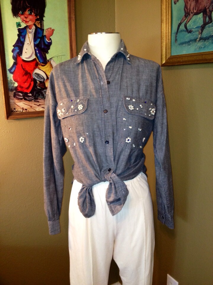 Vtg-Denim Taste/Teuflisch Womens Dark Denim Front Taschen Perlen von bluebirdklassics