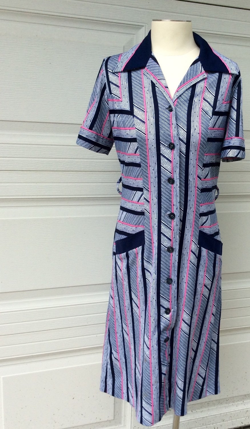 Vtg Gestreift Rosa Gestreiften Kleid/Belt Loops Taste Größe 44 Pink von bluebirdklassics