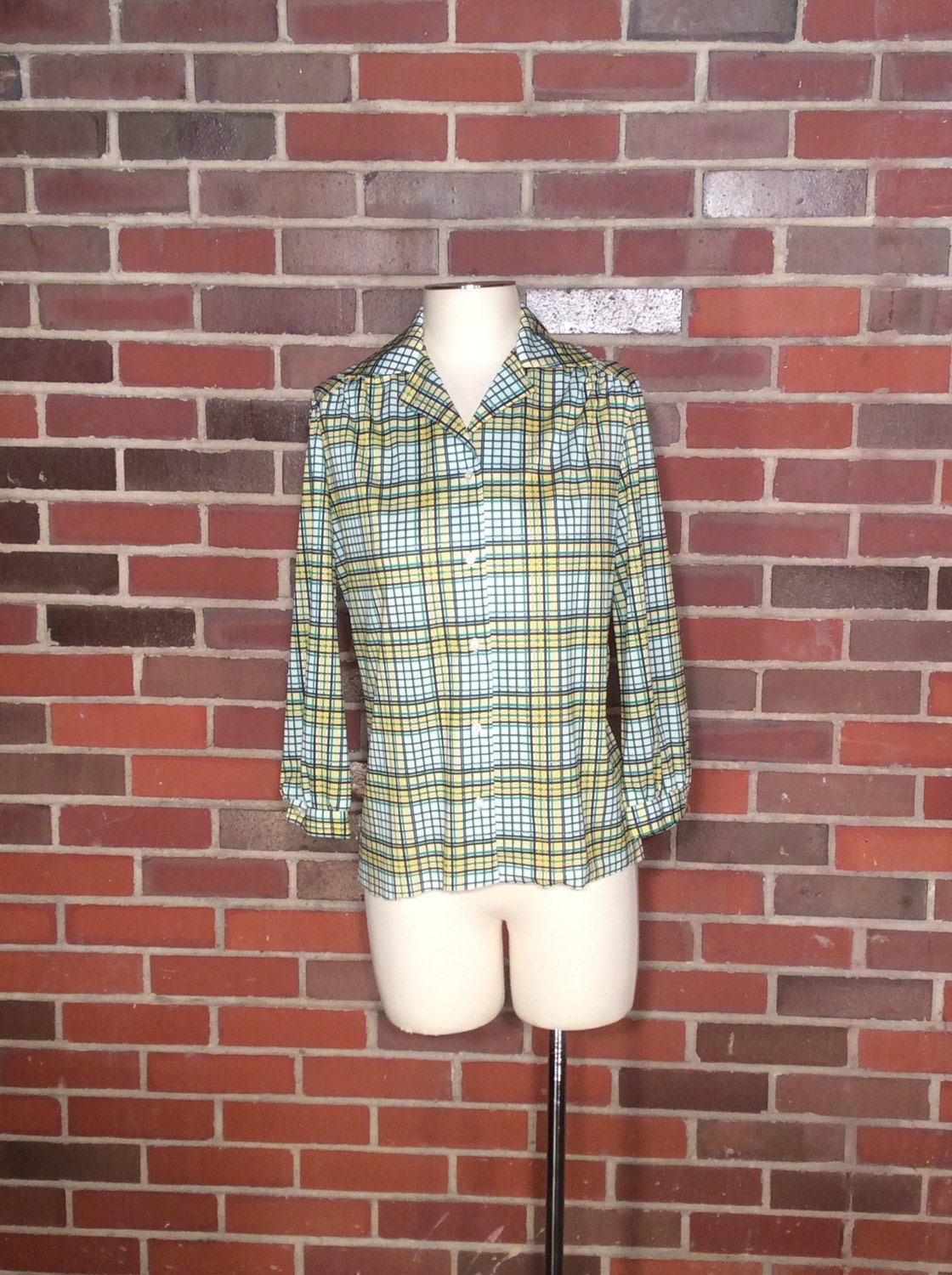 Vtg Grün Und Gelb Plaid Taste/Womens Bluse Kragen Shirt Dress von bluebirdklassics