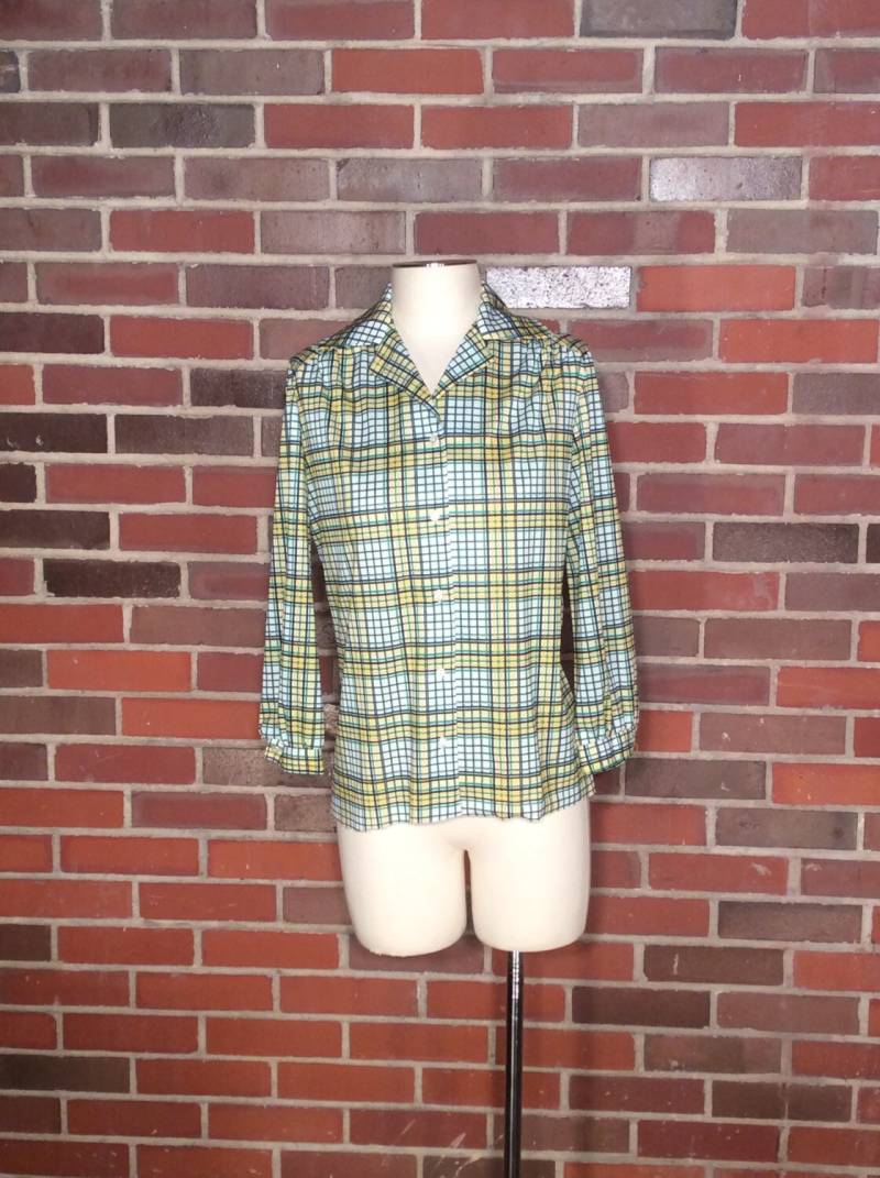 Vtg Grün Und Gelb Plaid Taste/Womens Bluse Kragen Shirt Dress von bluebirdklassics