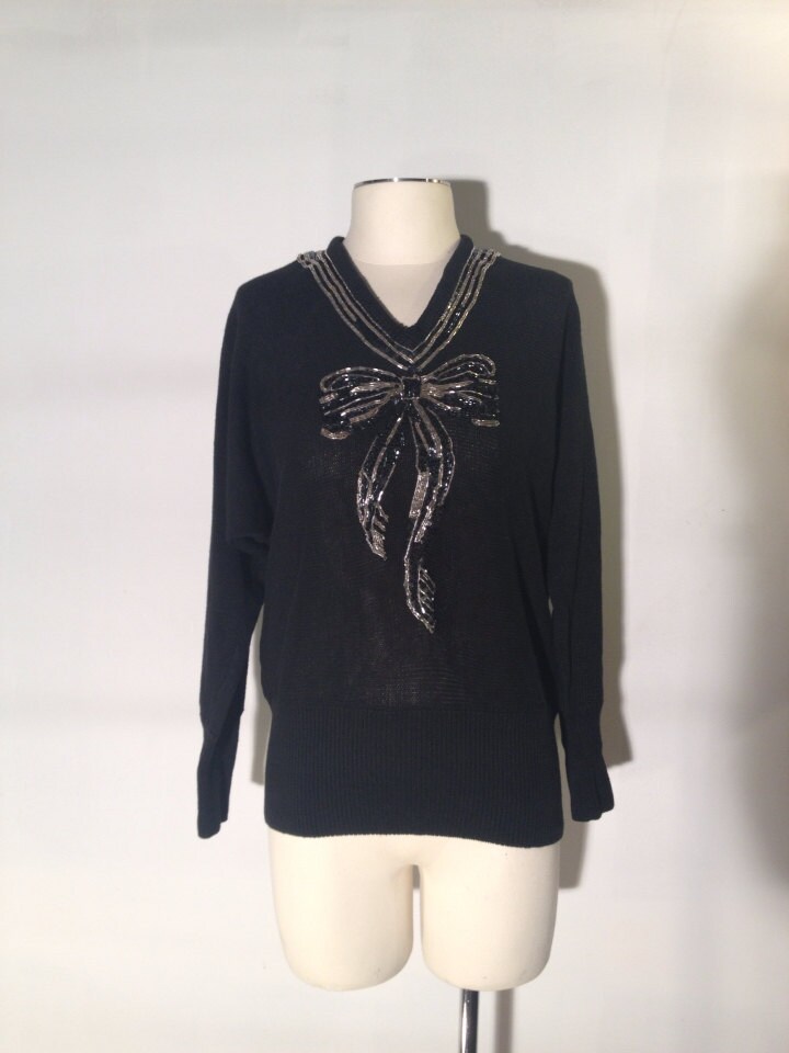 Vtg-Perlen Bow Sweater/Victoria Harbour Damen Small Size V-Ausschnitt Stoff von bluebirdklassics
