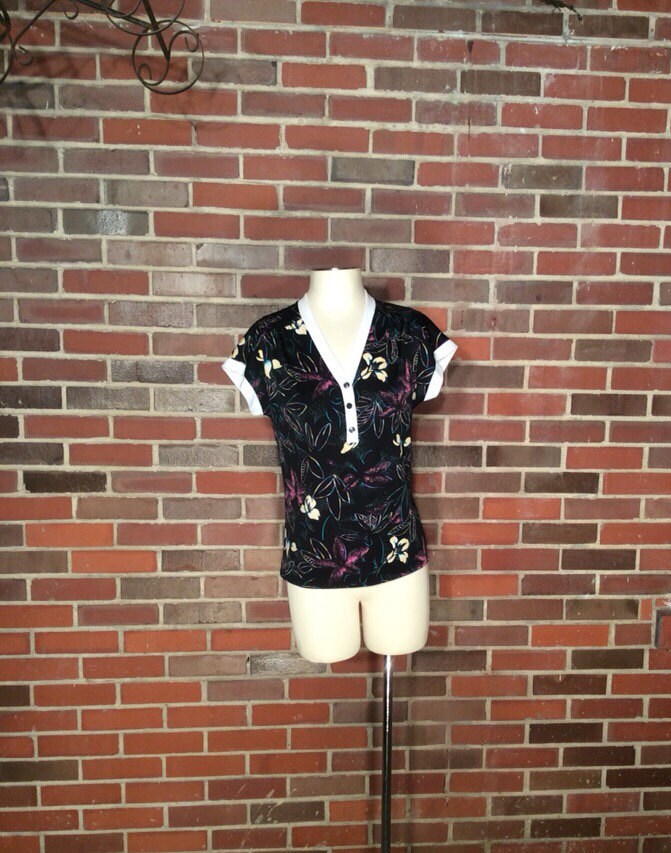 Vtg Retro Womens Pullover Bluse //Floral/V-Ausschnitt Grösse 12 Tropisch von bluebirdklassics