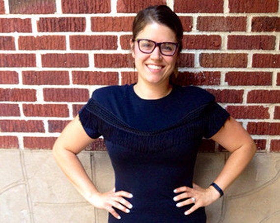 Vtg Schwarz Fringe Dress/Hearts Flapper Sz 9 Short Sleeve Schulter Pads Western von bluebirdklassics