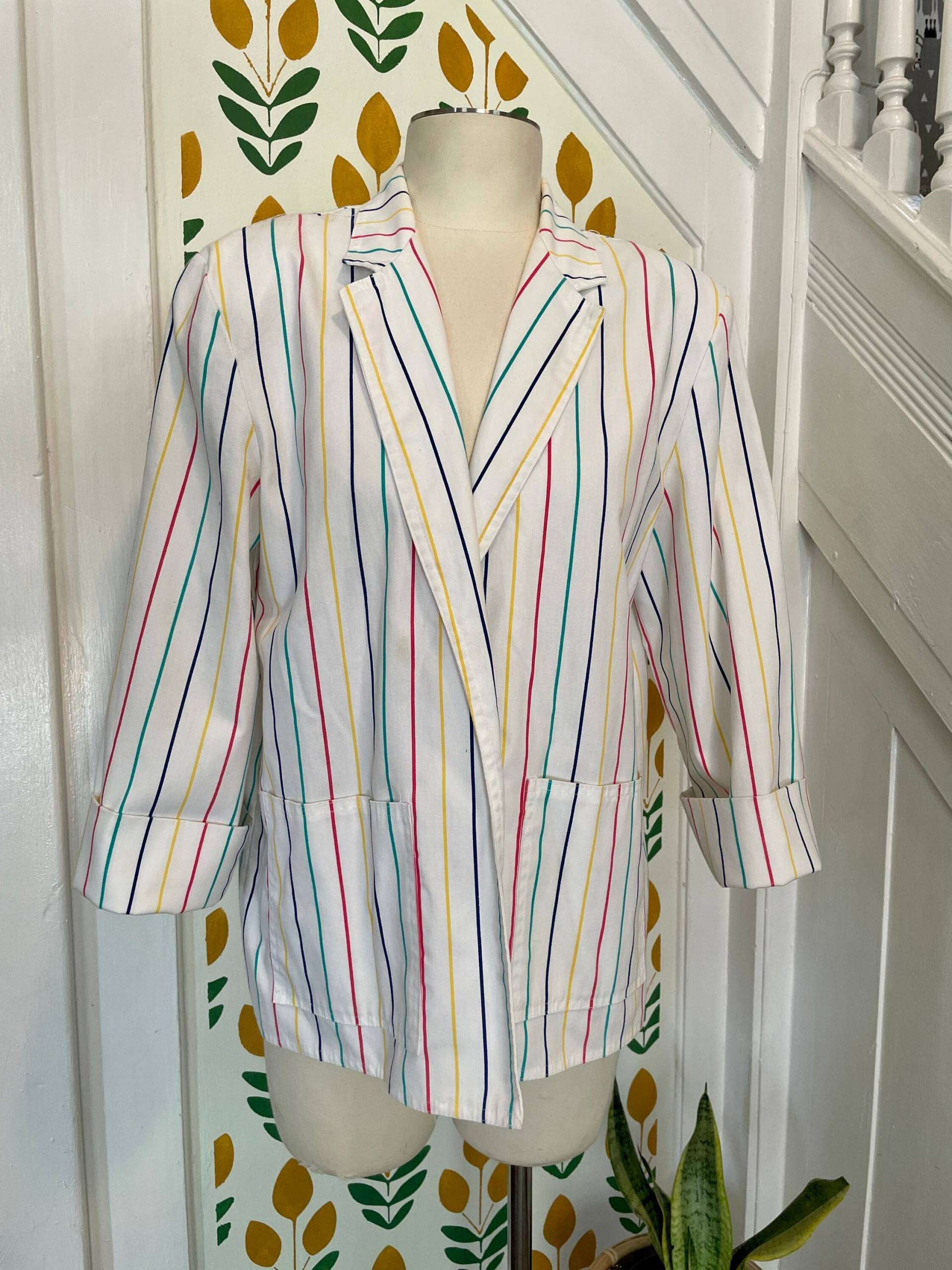 Vtg Weiß Gestreifter Blazer/Fronttaschen Picket & Post Größe Groß Made in Usa von bluebirdklassics