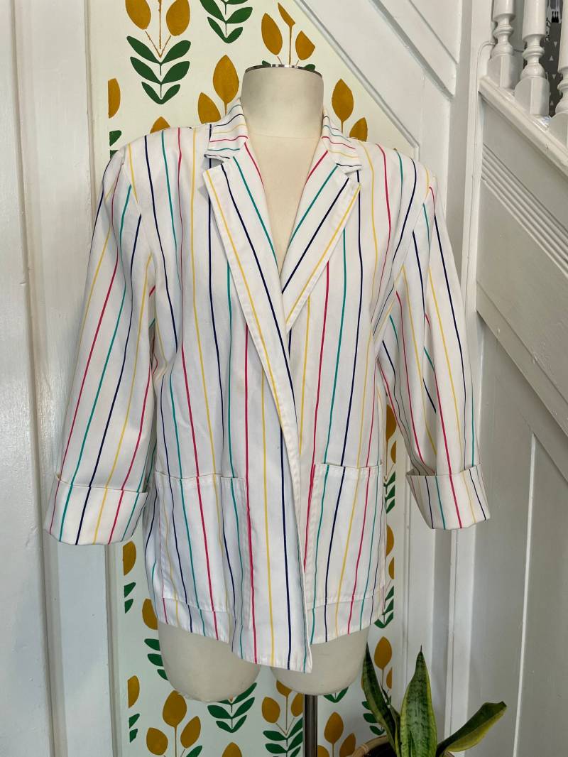 Vtg Weiß Gestreifter Blazer/Fronttaschen Picket & Post Größe Groß Made in Usa von bluebirdklassics
