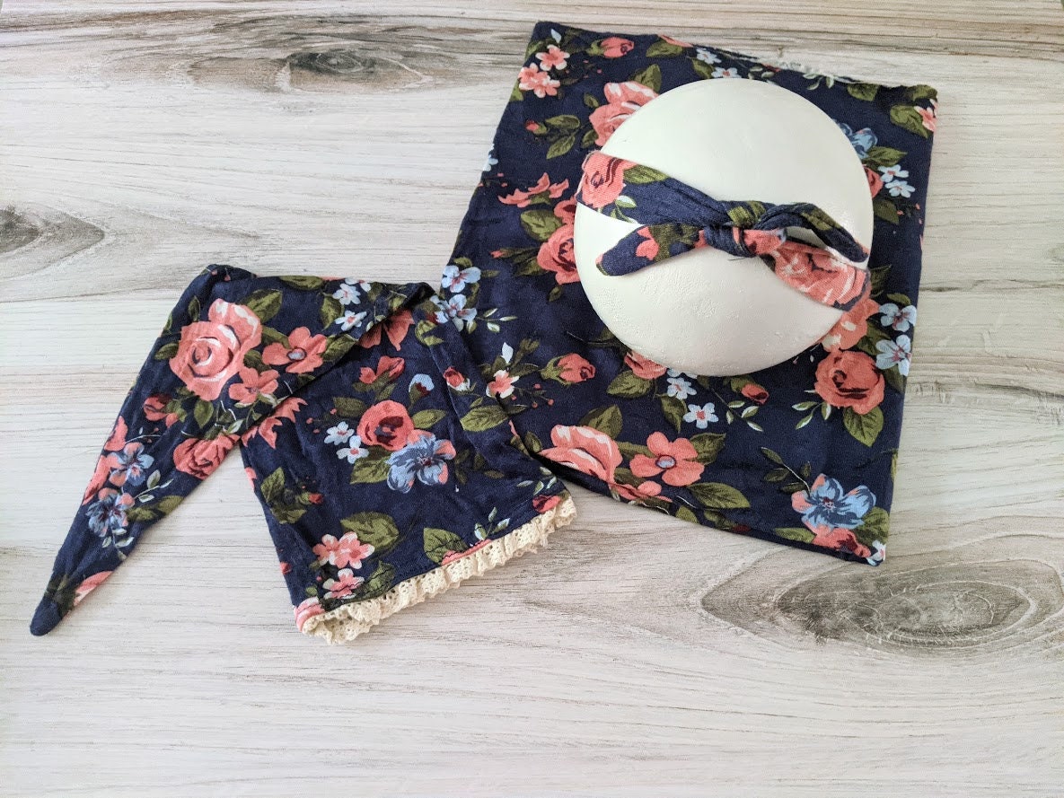 Neugeborenen Wrap Set, Dunkelblau Und Rosa Wrap, Mädchen Sleepy Hut, Florale Requisiten von bluestonesky