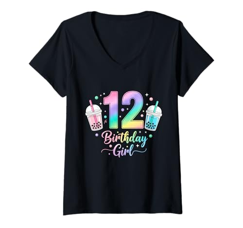 Damen Bubble Boba Tea Sweet 12 Years Old 12th Birthday Girls T-Shirt mit V-Ausschnitt von boba tea 12th birthday Girl