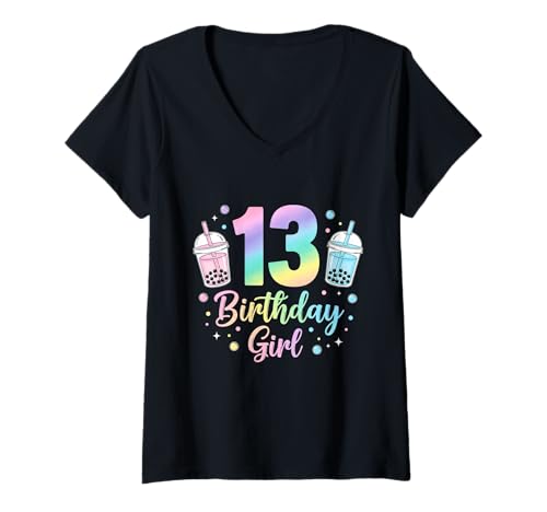 Damen Bubble Boba Tea Sweet 13Years Old 13th Birthday Girls T-Shirt mit V-Ausschnitt von boba tea 13th birthday Girl