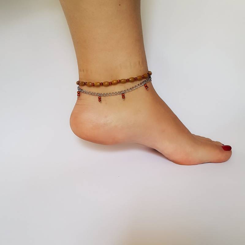 Boho Perlen Fußkettchen Holz & Silber Ketten Fußkettchen von bohomila