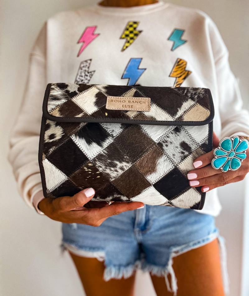 Boho Luxe Foldable Reiseschmucktasche - Echtes Haar Auf Rindsleder | Leder Make-Up Tasche Reise Kulturbeutel Westlichen Kosmetik von bohoranchshop