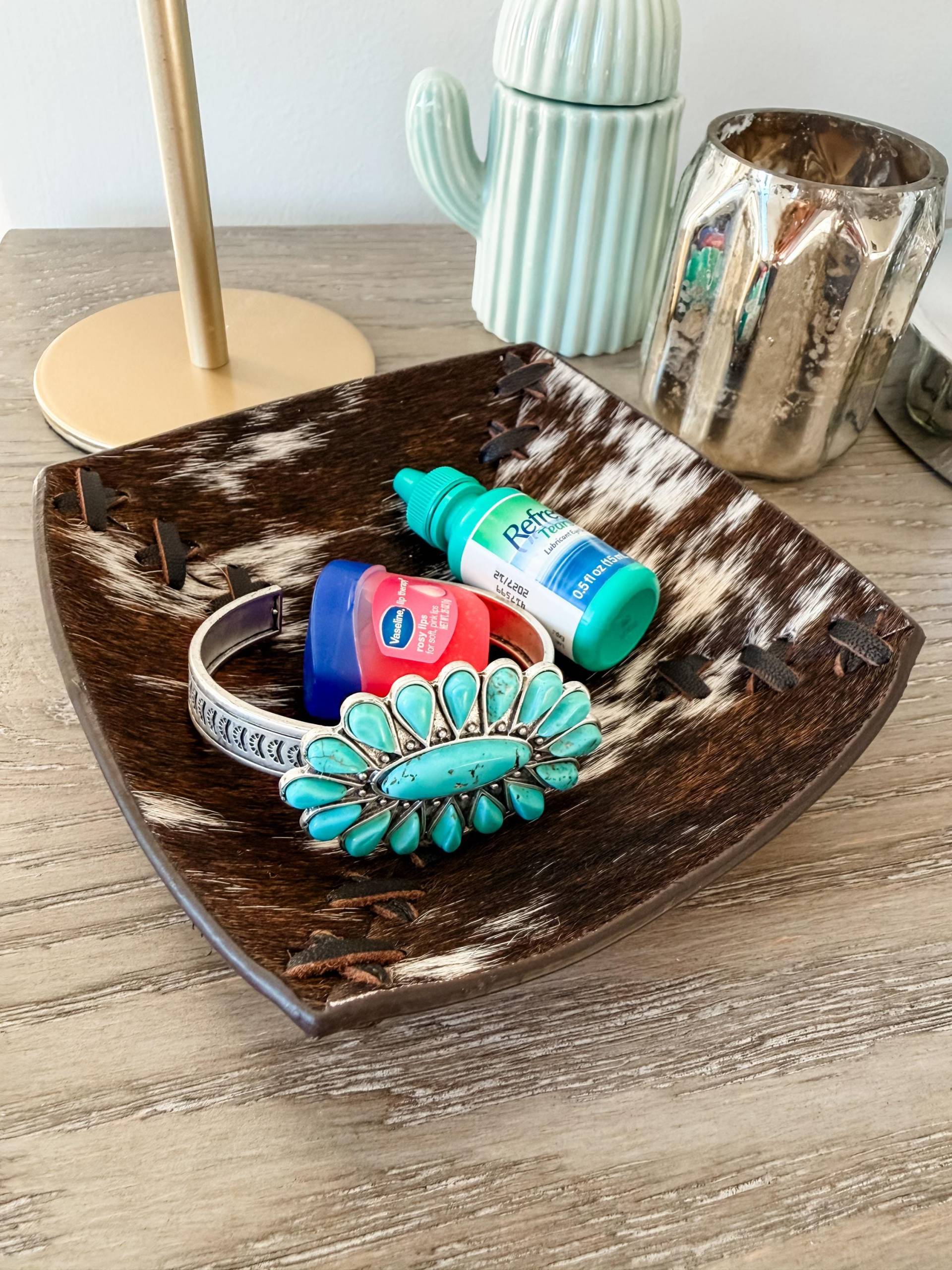 Rindslederschale - Schmuckaufbewahrung Echtes Haar Auf Rindsleder | Leder Fangen Alle Tablett, Valet Aufbewahrungsorganisator Hand Geschnürt Rand von bohoranchshop