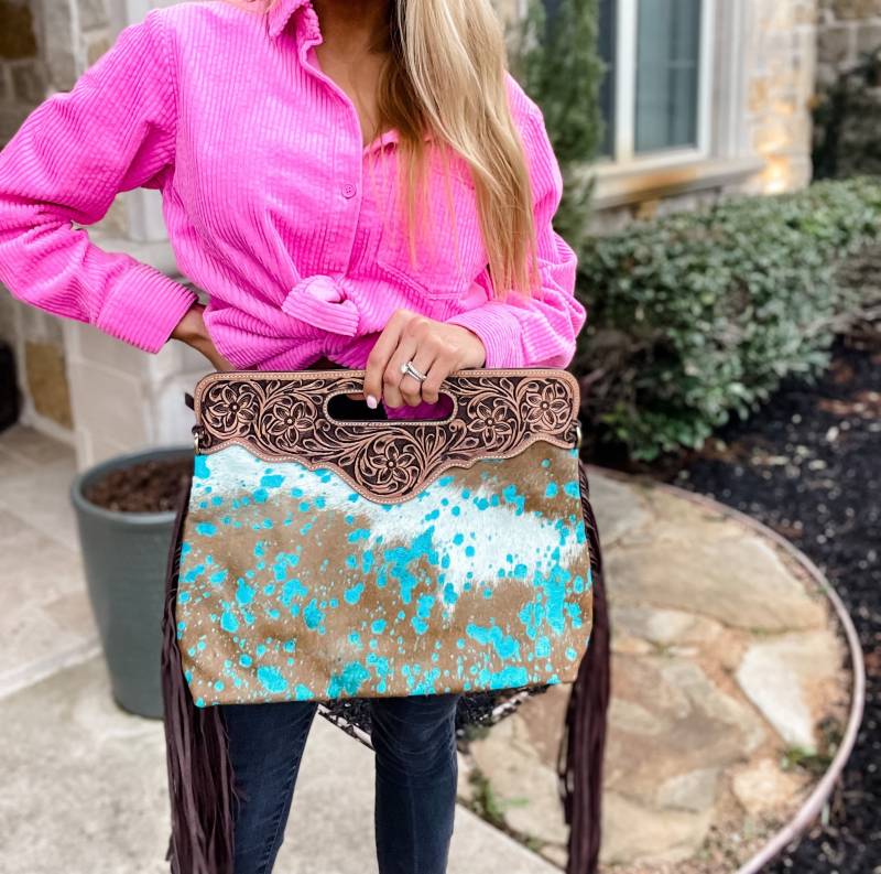 The Maggie Crossbody - Türkise Acid Wash Western Tooled Crossbody | Echtes Leder Echter Rindsleder Fringe Quaste Messenger Geldbörse von bohoranchshop