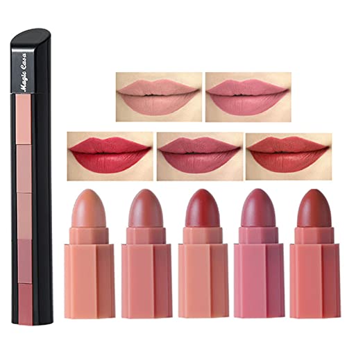 Roter Lippenstift, wischfest,5 Farben in 1 Lippenkosmetik für Frauen - 5-Farben-Nude-Lippenstift, wasserfester, antihaftbeschichteter, langlebiger, professioneller, feuchtigkeitsspendender Boiler von boiler