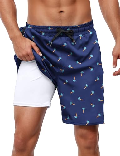 Badehose für Herren mit Kompression Liner 7" 2 in 1 Atmungsaktiv Badeshorts mit Reißverschlusstaschen Männer Elastisch Boardshorts mit Tunnelzug von bolukets
