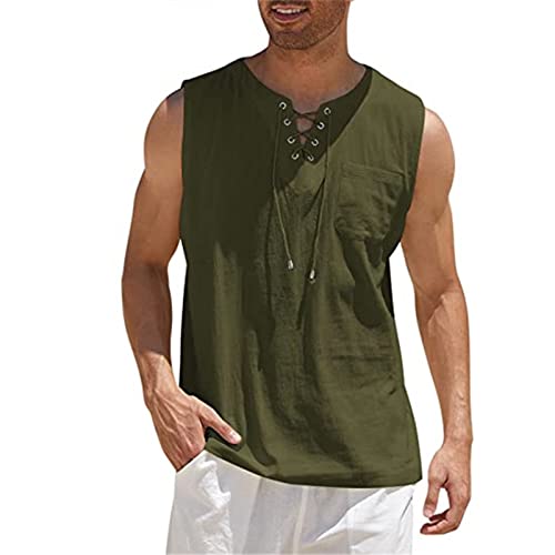 bolukets Herren Hemd Leinenhemd Ärmelloses V Ausschnitt Gothic Casual Sommerhemd Freizeithemd Schnürhemd Männer Regular Fit Stehkragen Hemd für Sommer Urlaub Beach Strand Surf,2XL,Armeegrün von bolukets